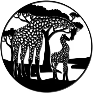 African Animal Metal Wall Art Decor Giraffe Mommy Kiss Baby Beside Trees
