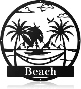 Beach Palm Tree Hammock Metal Wall Sign Personalized Wall Art Black Home Decor