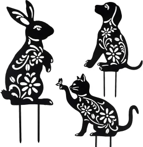 3 Pieces Animal Silhouette Garden Stake Puppy Dog Bunny and Cat Silhouette Stake