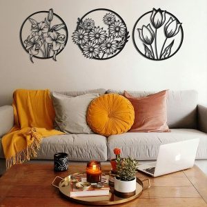 Flowers Modern Wall Art, Metal Wall Decoration 3 Pieces for Home