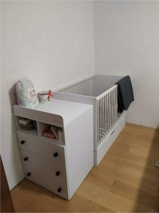 Baby cot, chest of drawers, mattress