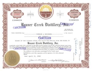 Certifikát spoločnosti Beaver Creek Distillery