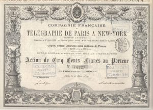 Certifikát Telegraphe de Paris a New-York