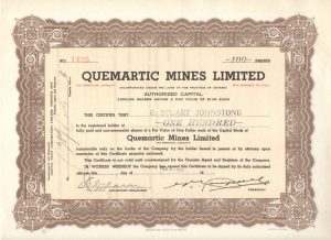 Certifikát Quemartic Mines Limited