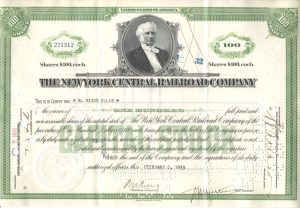 Certifikát spoločnosti The New York Central Railroad Company