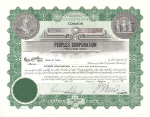 Certifikát spoločnosti Peoples Corporation