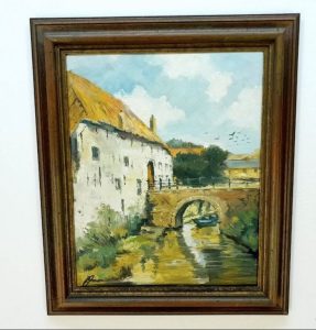 Oil painting - Country house with a bridge