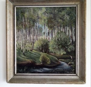 painting - FOREST STILL LIFE WITH BIRCHES, oil, sign. Janata