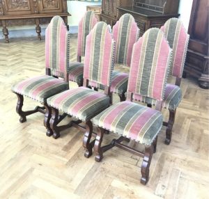 6 chairs, upholstered in stripes, solid oak