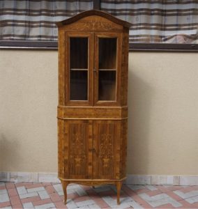 Antique corner inlaid chest of drawers with display case