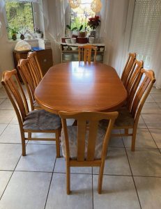 Dining table for 6-8 people with 8 chairs is made of good heavy wood!