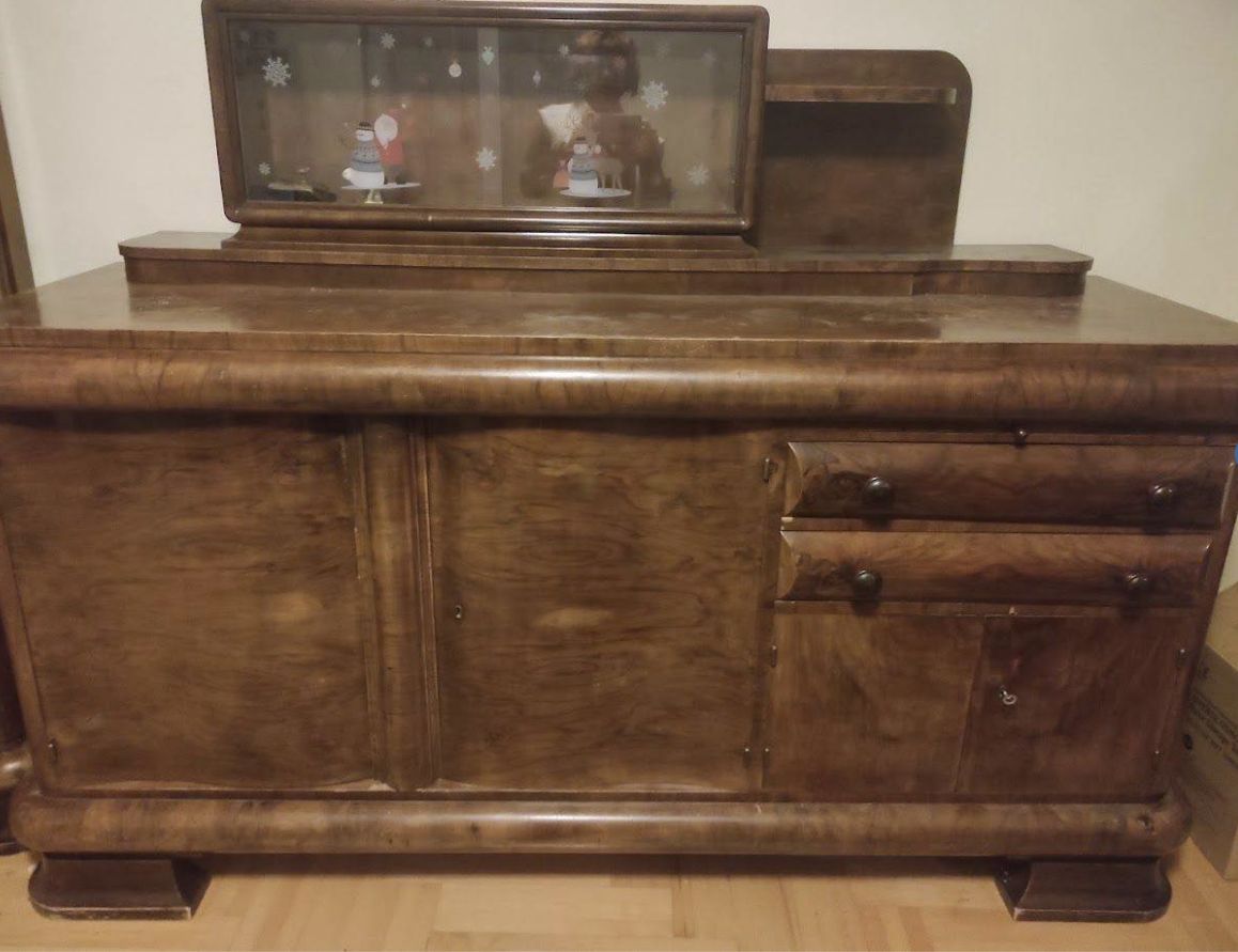 Art deco display case, chest of drawers and sideboard