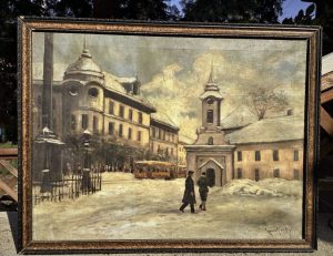 Pre-war Budapest street picture, painting. /Rókus square and church/